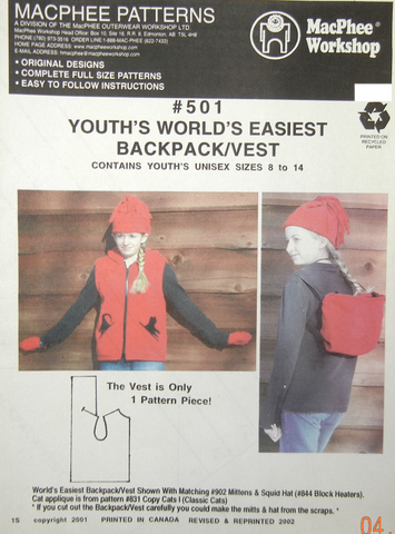 #501 YOUTH'S BACK PACK/VEST